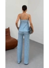 Kadın Bebe Mavisi Dokulu Askılı Üst Ve Bol Paça Pantolon 2’li Takım