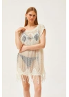 Kadın Bej Bisiklet Yaka Kolsuz Ajurlu Örgü Püsküllü Bohem Kısa Mini Plaj Elbisesi Pareo