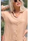 Kadın Bej Düz Renk Dokuma Uzun Kollu Manşetli Düğmeli Pamuklu Viskon Basic Gömlek