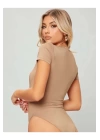 Kadın Bej Kısa Kol Ipek Jarse Bodysuit