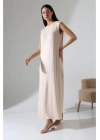 bysoca Kadın Taş Rengi Oversize Sıfır Kol Bisiklet Yaka Uzun Maxi Basic Viskon Jile Tunik Elbise