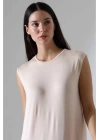 bysoca Kadın Taş Rengi Oversize Sıfır Kol Bisiklet Yaka Uzun Maxi Basic Viskon Jile Tunik Elbise