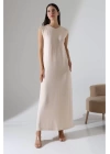 bysoca Kadın Taş Rengi Oversize Sıfır Kol Bisiklet Yaka Uzun Maxi Basic Viskon Jile Tunik Elbise