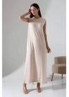 bysoca Kadın Taş Rengi Oversize Sıfır Kol Bisiklet Yaka Uzun Maxi Basic Viskon Jile Tunik Elbise