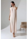 bysoca Kadın Taş Rengi Oversize Sıfır Kol Bisiklet Yaka Uzun Maxi Basic Viskon Jile Tunik Elbise