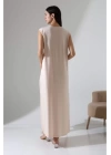 bysoca Kadın Taş Rengi Oversize Sıfır Kol Bisiklet Yaka Uzun Maxi Basic Viskon Jile Tunik Elbise