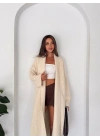 Kadın Bej Pamuklu Uzun Kimono Yaka Oversize Triko Hırka