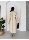 Kadın Bej Pamuklu Uzun Kimono Yaka Oversize Triko Hırka