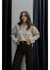 Kadın Bej Pamuklu Yumuşak Doku V Yaka Oversize Triko Kazak