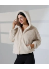 Kadın Bej Oversize Bomber Mont Kapüşonlu Fermuarlı Peluş Astarlı