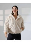 Kadın Bej Oversize Bomber Mont Kapüşonlu Fermuarlı Peluş Astarlı