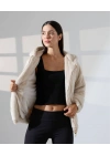 Kadın Bej Oversize Bomber Mont Kapüşonlu Fermuarlı Peluş Astarlı