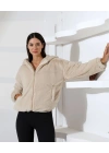 Kadın Bej Oversize Bomber Mont Kapüşonlu Fermuarlı Peluş Astarlı
