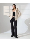 Kadın Bej Oversize Bomber Mont Kapüşonlu Fermuarlı Peluş Astarlı