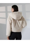 Kadın Bej Oversize Bomber Mont Kapüşonlu Fermuarlı Peluş Astarlı