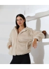 Kadın Bej Oversize Bomber Mont Kapüşonlu Fermuarlı Peluş Astarlı