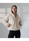 Kadın Bej Oversize Bomber Mont Kapüşonlu Fermuarlı Peluş Astarlı