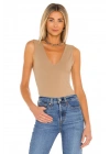 bysoca Kadın Bej V Yaka Sıfır Kol Çift Kat Sandy Kumaş Vücudu Saran Tanga Basic Bodysuit