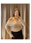 bysoca Kadın Bej Kayık Yaka Tek Omuz Dekolteli Uzun Kollu Günlük Body Bluz