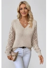 Kadın Bej V Yaka Uzun Kol Kolları Ajurlu Örgü Detaylı Dökümlü Rahat Triko Kazak