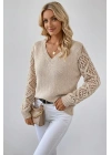 Kadın Bej V Yaka Uzun Kol Kolları Ajurlu Örgü Detaylı Dökümlü Rahat Triko Kazak