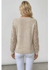 Kadın Bej V Yaka Uzun Kol Kolları Ajurlu Örgü Detaylı Dökümlü Rahat Triko Kazak