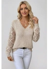 Kadın Bej V Yaka Uzun Kol Kolları Ajurlu Örgü Detaylı Dökümlü Rahat Triko Kazak