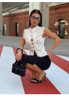 Kadın Beyaz Dik Yaka Dantelli Çin Düğmeli Bohem Yelek Crop Bluz Sıfır Kol Dar Kalıp