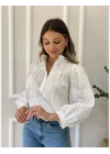 Kadın Beyaz Fisto Dantel Nakışlı Hakim Yaka Balon Kol Pamuklu Bohem Pinterest Gömlek Bluz