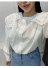 Kadın Beyaz Vintage Geniş Dantel Yakalı Uzun Balon Kol Pamuklu Pinterest Gömlek Bluz