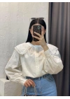 Kadın Beyaz Vintage Geniş Dantel Yakalı Uzun Balon Kol Pamuklu Pinterest Gömlek Bluz