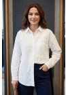 Kadın Beyaz Kabartma Desenli Uzun Kollu Pamuklu Oversize Tek Cepli Bohem Gömlek Bluz