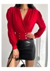 bysoca Kadın Kırmızı Kruvaze Yaka Beli Düğme Detaylı Korsajlı Uzun Kollu Body Bluz