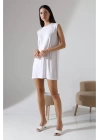 bysoca Kadın Beyaz Oversize Vatka Detaylı Kolsuz Bisiklet Yaka Basic Viskon Tunik Elbise