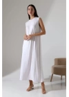 bysoca Kadın Beyaz Oversize Sıfır Kol Bisiklet Yaka Uzun Maxi Basic Viskon Jile İçlik Tunik Elbise