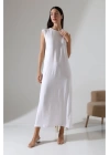 bysoca Kadın Beyaz Oversize Sıfır Kol Bisiklet Yaka Uzun Maxi Basic Viskon Jile İçlik Tunik Elbise