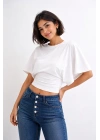 Kadın Beyaz Pamuklu Yarasa Kol Beli Oturtmalı Crop Bluz T-Shirt