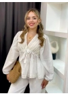 Kadın Ekru V Yaka Uzun Kollu Dantel Garni Detaylı Önden Bağlamalı Pinterest Peplum Bluz
