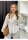 Kadın Ekru V Yaka Uzun Kollu Dantel Garni Detaylı Önden Bağlamalı Pinterest Peplum Bluz