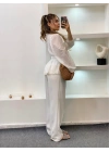 Kadın Ekru V Yaka Uzun Kollu Dantel Garni Detaylı Önden Bağlamalı Pinterest Peplum Bluz