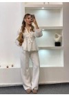 Kadın Ekru V Yaka Uzun Kollu Dantel Garni Detaylı Önden Bağlamalı Pinterest Peplum Bluz