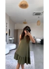 Kadın Bisiklet Yaka Eteği Volanlı Bürümcük Elbise