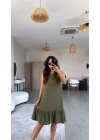 Kadın Bisiklet Yaka Eteği Volanlı Bürümcük Elbise
