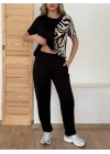 Kadın Bisiklet Yaka Kısa Kol Leopar Desen Bluz Ve Pantolon Ikili Takım