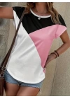 Kadın Bisiklet Yaka üç Renk Viskon T-shirt