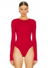 Kadın Kırmızı Bisiklet Yaka Uzun Kol Alttan Çıtçıtlı Çift Kat İpek Jarse Basic Tanga Bodysuit