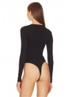 Kadın Siyah Bisiklet Yaka Uzun Kol Alttan Çıtçıtlı Çift Kat İpek Jarse Basic Tanga Bodysuit