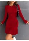 Kadın Bisiklet Yaka Uzun Kol Etek Ucu Fırfırlı Triko Mini Boy Elbise