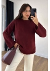 Kadın Bordo Bisiklet Yaka Düz Renk Yumuşak Doku Oversize Triko Uzun Kollu Kazak