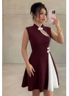 Kadın Bordo Çin Yakalı Kolsuz Beyaz Kontrastlı Kloş Etek Dalgıç Kumaş Kısa Mini Abiye Elbise